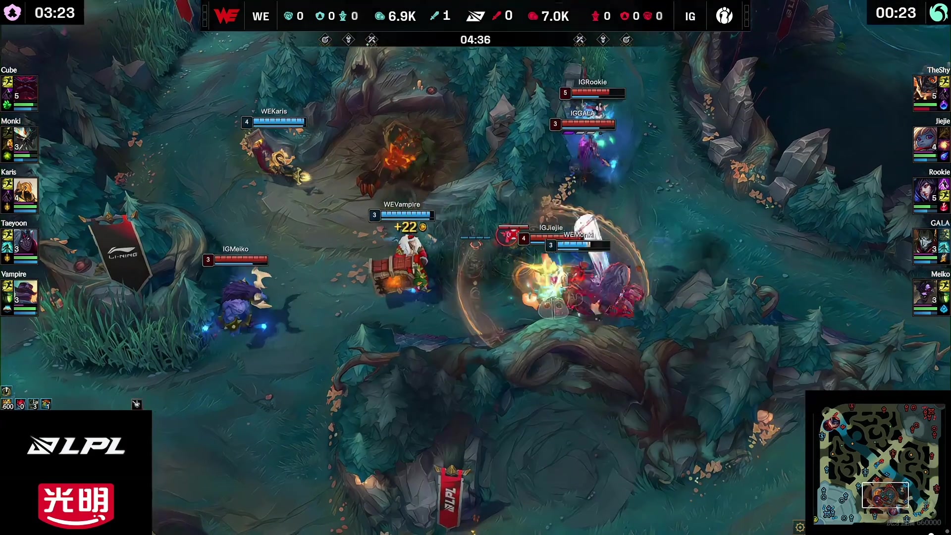 双方野区遭遇，WE发挥更胜一筹控到Jiejie并击杀GALA、Meiko